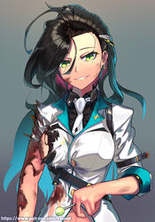  arm_at_side arm_belt bad_id bad_pixiv_id black_hair black_shirt blood blue_hair breasts burn burnt_clothes candy damaged dirty dirty_clothes earrings eyelashes eyeshadow female food girls&#039;_frontline gradient_hair green_eyes grey_background grin hair_ornament highres holding holding_candy holding_food holding_lollipop hoop_earrings injury jacket jewelry lapel_pin leonat lipstick lollipop long_hair looking_at_viewer makeup medium_breasts mole mole_under_eye mullet multicolored_hair necktie no_gloves parted_lips patreon_username python_(girls&#039;_frontline) shirt sideboob smile solo star_pin stud_earrings torn_clothes torn_jacket torn_shirt upper_body very_long_hair watermark white_jacket white_necktie yellow_eyeshadow yellow_lips 