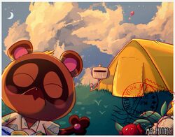  2019 animal_crossing anthro balloon bow_(feature) bow_ribbon box brown_body brown_fur canid canine closed_eyes clothing cloud container english_text fur gift gift_bow gift_box hi_res inflatable male mammal moon nintendo outside present_balloon_(animal_crossing) raccoon_dog shirt solo srfennec tanuki tent text tom_nook_(animal_crossing) topwear 