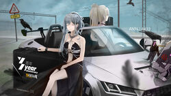  2girls absurdres ak-12_(girls&#039;_frontline) ak-12_(quiet_azure)_(girls&#039;_frontline) an-94_(girls&#039;_frontline) an-94_(silent_rouge)_(girls&#039;_frontline) audi audi_tt bird black_dress car car_crash character_name chinese_commentary closed_eyes commentary_request crow dinergate_(girls&#039;_frontline) dress girls&#039;_frontline highres motor_vehicle multiple_girls non-humanoid_robot official_alternate_costume photoshop_(medium) road robot sangvis_ferri vehicle_focus vinsentyu 