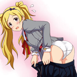  ass bent_over black_skirt blonde_hair blouse blue_hairband blush clothes_pull collared_shirt commentary cowboy_shot crotch_seam emily_stewart female flying_sweatdrops from_behind frown gradient_background grey_shirt hairband idolmaster idolmaster_million_live! idolmaster_million_live!_theater_days junior_high_schoolmate_(idolmaster) lielos long_hair long_sleeves looking_at_viewer looking_back miniskirt neck_ribbon official_alternate_costume open_mouth panties pink_background pleated_skirt pulling_own_clothes purple_eyes red_ribbon ribbon school_uniform shirt skirt skirt_pull smile standing sweatdrop twintails underwear undressing uniform uniform_series_(idolmaster) white_panties 