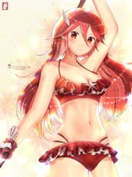  alternate_costume armpit_peek artist_logo artist_name bad_id bad_pixiv_id bikini blush breasts chinchongcha cleavage collarbone cordelia_(fire_emblem) cordelia_(summer)_(fire_emblem) cowboy_shot feather_hair_ornament feathers female fire_emblem fire_emblem_awakening fire_emblem_heroes floating_hair frilled_bikini frills gloves hair_between_eyes hair_ornament highres long_hair looking_at_viewer medium_breasts midriff navel polearm red_bikini red_eyes red_hair skindentation smile solo swimsuit thighs weapon 