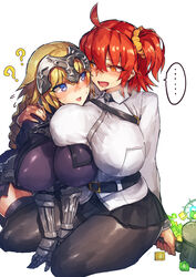  ... 2girls ? ?? ahoge alternate_breast_size arm_around_shoulder armor armored_dress black_pantyhose black_thighhighs blonde_hair blush braid breast_press breasts chains chaldea_uniform commentary_request cube empty_eyes fate/apocrypha fate/grand_order fate_(series) faulds flying_sweatdrops fujimaru_ritsuka_(female) gauntlets hair_between_eyes hair_ornament hair_scrunchie hammer headpiece heavy_breathing highres huge_breasts impossible_clothes jacket jeanne_d&#039;arc_(fate) jeanne_d&#039;arc_(ruler)_(fate) large_breasts long_braid long_hair looking_at_another mana_prism melon22 multiple_girls nose_blush one_side_up open_mouth orange_eyes orange_hair pantyhose purple_eyes saliva scrunchie side_ponytail single_braid sitting speech_bubble spoken_ellipsis spoken_question_mark sweatdrop thighhighs very_long_hair white_background white_jacket yellow_scrunchie yuri 