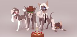  2019 artificial_intelligence cake canid canine canis clothed clothed_feral clothing dessert digital_media_(artwork) domestic_dog fact_core_(portal) feral feralized food fox group hat headgear headwear hi_res machine mammal non-humanoid_machine_to_feral paws portal portal_(series) reysi rick_the_adventure_core_(portal) smile space_core_(portal) standing valve wheatley 