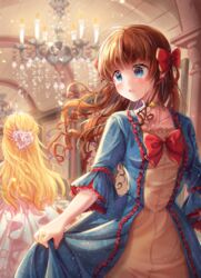  2girls :o absurdres ahoge athanasia_de_alger_obelia blonde_hair blue_choker blue_dress blue_eyes blurry blurry_background blush bow brown_eyes candle chandelier choker commentary_request dress eoneu_nal_gongjuga_doeeobeoryeotda facing_away fire flower hair_flower hair_ornament hairbow highres indoors jennette_margarita jewelry long_hair looking_to_the_side menna_(0012) multiple_girls red_bow ring skirt_hold standing tile_floor tiles very_long_hair white_dress 