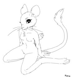  2016 abject anthro breasts featureless_breasts featureless_crotch female looking_at_viewer mammal monochrome mouse murid murine navel rodent simple_background solo white_background 