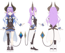  absurdres bad_id bad_pixiv_id belt black_footwear black_legwear black_leotard blue_skirt boots commentary_request demon_girl detached_sleeves female full_body gem highres horns leotard long_hair miniskirt multiple_views original outstretched_arm pointy_ears purple_eyes purple_hair sailor_collar simple_background single_thighhigh skirt suu2510 tail thighhighs turnaround white_background white_sleeves 