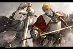  1boy armor belt black_cape blonde_hair cape commentary_request female gauntlets green_eyes grey_knight_julia grey_sky holding holding_sword holding_weapon laurel_knight_sylvester long_hair open_mouth outdoors photoshop_(medium) pixiv_fantasia pixiv_fantasia_last_saga plate_armor pointy_ears red_cape ryuuzaki_ichi sheath sky standing sword weapon white_hair 