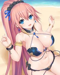  :d armpits asamura_hiori bangle bare_shoulders beach bikini black_bikini blue_eyes bracelet breasts cleavage collarbone commentary_request criss-cross_halter detached_collar earrings female fingernails frilled_bikini frills hair_tie halterneck highres idola_phantasy_star_saga jewelry large_breasts long_fingernails long_hair looking_at_viewer navel open_mouth outdoors phantasy_star phantasy_star_online_2 pink_hair pink_nails ponytail ribbon sand shiny_skin sitting sleeveless smile solo stella_(idola) swimsuit tattoo very_long_hair water wristlet 