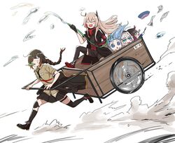  5girls ads_(girls&#039;_frontline) black_hair blank_eyes blue_hair blush braid brown_hair cart closed_eyes clothes_around_waist collared_shirt commentary dust eyepatch food girls&#039;_frontline hair_ornament hairclip hat highres hose jacket jacket_around_waist light_blue_hair m16a1_(girls&#039;_frontline) m4_sopmod_ii_(girls&#039;_frontline) mechanical_arms mmm_(ji1945) multicolored_hair multiple_girls necktie orange_hair p30_(girls&#039;_frontline) paper ponytail popsicle pullcart red_hair running shirt single_mechanical_arm skirt smug surprised symbol-only_commentary tearing_up thighhighs two-tone_hair type_4_(girls&#039;_frontline) water white_hair 