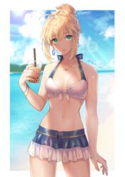  ahoge artoria_pendragon_(all) bangs banned_artist bare_shoulders beach bikini blonde_hair blue_skirt blush braid breasts bubble_tea collarbone cup earrings fate/stay_night fate_(series) female green_eyes hair_between_eyes hair_bun highres jewelry long_hair looking_at_viewer miniskirt navel necklace open_mouth orii_(orii_i) parted_lips saber skirt small_breasts solo sunlight swimsuit thighs white_bikini 