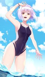  adapted_costume alternate_costume arm_up armpits blue_sky blurry bokeh bracelet cloud collarbone commentary_request cowboy_shot cross depth_of_field female girls&#039;_frontline highres ishimaru_f jewelry laughing light_purple_hair looking_at_viewer medium_hair open_mouth outdoors p08_(girls&#039;_frontline) signature sky solo splashing swimsuit wading water water_drop yellow_eyes 