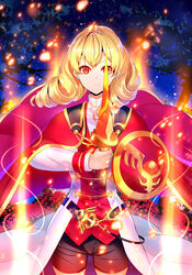  absurdres bike_shorts blonde_hair cape commentary_request drill_hair erika_wagner female glowing glowing_sword glowing_weapon highres holding holding_sword holding_weapon long_hair looking_at_viewer night photoshop_(medium) red_eyes serious shield short_sword sky slit_pupils solo star_(sky) starry_sky sword sysen twin_drills under_night_in-birth under_night_in-birth_exe:late[st] uniform weapon 