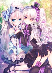  2girls bad_id bad_pixiv_id black_legwear black_panties blue_eyes blunt_bangs blush bonnet bow chains closed_mouth collaboration commentary_request cuffs day elbow_gloves eyes_visible_through_hair flower frills garter_straps glaring gloves hair_flower hair_ornament hat heterochromia high_heels highres holding_hands jitome kneeling lolita_fashion long_hair long_sleeves looking_at_viewer mini_hat mini_top_hat multiple_girls original outdoors panties pantyhose puffy_long_sleeves puffy_sleeves purple_bow purple_eyes rokudou_itsuki rolo_noir shackles sitting smile striped striped_bow thighhighs top_hat tsukikage_nemu twintails underwear white_gloves white_hair white_legwear 