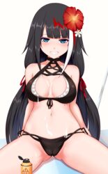  ass_visible_through_thighs asuto3 azur_lane bare_shoulders bikini black_bikini black_hair blue_eyes blush breasts cameltoe cleavage commentary_request deutschland_(azur_lane) deutschland_(service_time?!)_(azur_lane) female flower grin hair_flower hair_ornament heart heart-shaped_pupils highres long_hair looking_at_viewer lotion lotion_bottle medium_breasts midriff mole mole_on_stomach multicolored_hair navel official_alternate_costume red_hair simple_background sitting smile solo spread_legs straight_hair suggestive_fluid swimsuit symbol-shaped_pupils thighs white_background white_hair 