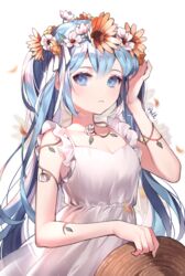  artist_name azit_(down) blue_eyes blue_hair commentary dress female flower hat hatsune_miku head_wreath holding holding_clothes holding_hat long_hair looking_at_viewer solo twintails unworn_hat unworn_headwear upper_body vocaloid white_background white_dress 