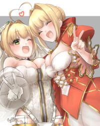  2girls :d ;d ^_^ ahoge bare_shoulders blonde_hair blush braid breast_press breasts cleavage closed_eyes commentary_request detached_sleeves dress dual_persona epaulettes fate/extra fate/extra_ccc fate_(series) green_eyes grey_background hair_bun hair_intakes heart heart_ahoge_duo highres juliet_sleeves large_breasts leotard long_sleeves multiple_girls nero_claudius_(bride)_(fate) nero_claudius_(bride)_(second_ascension)_(fate) nero_claudius_(fate) nero_claudius_(fate/extra) one_eye_closed open_mouth puffy_sleeves red_dress see-through sidelocks single_hair_bun smile strapless strapless_leotard symmetrical_docking two-tone_background v white_background white_leotard white_sleeves wide_sleeves yayoi_maka 