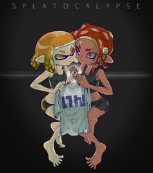  2girls barefoot bike_shorts black_shirt black_shorts blue_eyes closed_mouth commentary_request dark-skinned_female dark_skin dolphin_shorts english_text floating frown hideyoshi_(swliyhbpe9xqqze) highres holding holding_clothes holding_hands holding_shirt inkling inkling_girl inkling_player_character interlocked_fingers medium_hair midriff multiple_girls octoling octoling_girl octoling_player_character orange_eyes orange_hair pointy_ears print_shirt red_hair shirt short_hair short_shorts shorts single_vertical_stripe splatoon_(series) splatoon_2 splatoon_2:_octo_expansion suction_cups t-shirt tank_top 