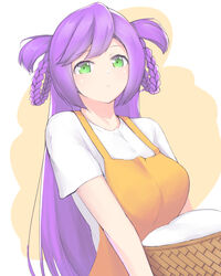  apron bad_id bad_pixiv_id basket commentary_request female green_eyes hair_rings holding holding_basket leone_(sennen_sensou_aigis) long_hair looking_at_viewer modal_(12940265) orange_apron orange_background parted_bangs purple_hair sennen_sensou_aigis shirt short_sleeves simple_background solo standing two-tone_background two_side_up very_long_hair white_background white_shirt 