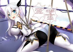  ass blue_eyes blush bodysuit bondage bondage bound breasts cecilia_schariac cosplay english_text female hair_between_eyes hair_ornament honkai_(series) honkai_impact_3rd kiana_kaslana kiana_kaslana_(white_comet) kiana_kaslana_(white_comet)_(cosplay) large_breasts long_hair looking_at_viewer sheita sideboob solo speech_bubble sweatdrop white_hair 