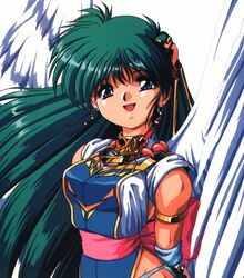  90s arm_strap blue_eyes can_can_bunny earrings feathered_wings female green_hair hair_ornament highres jewelry long_hair official_art open_mouth scan simple_background solo swatty_(can_can_bunny) white_background white_wings wings 