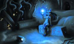  2019 3_fingers 3_toes 5:3 ambiguous_gender anthro atticuskotch aura_sphere biped black_body black_fur blue_body blue_fur canid clothed clothing detailed_background digital_media_(artwork) eyebrows feet fingers fully_clothed fur generation_4_pokemon hi_res lucario mammal metroid multicolored_body multicolored_fur nintendo open_mouth orb pokemon pokemon_(species) pokemon_move red_eyes sitting smile solo spikes tight_clothing toes two_tone_body two_tone_fur zero_suit 