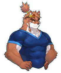  2019 5:6 anthro biceps canid canine cartuja clothing epic7 eyewear fur goggles hair hi_res male mammal multicolored_body multicolored_fur muscular muscular_anthro muscular_male rpbbw simple_background solo standing 