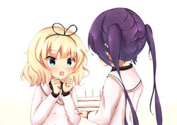  2girls absurdres arms_up bad_id bad_pixiv_id birthday birthday_cake blonde_hair blue_eyes blue_hair blush cake candle clenched_hands commentary food from_behind gochuumon_wa_usagi_desu_ka? hair_ribbon highres holding holding_food kirima_syaro looking_at_another multiple_girls necktie open_mouth plaid_neckwear ribbon sachisudesu school_uniform shnva_(style) short_hair simple_background standing tedeza_rize tedeza_rize&#039;s_school_uniform twintails upper_body white_background 