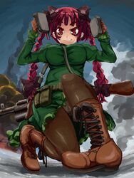  alternate_footwear ammunition animal_ears assault_rifle awa_(bihidasu) boots bow breasts brown_footwear brown_legwear cat_ears commentary_request cross-laced_footwear defibrillator dress female green_dress gun gun_on_back gun_sling hairbow kaenbyou_rin lace-up_boots long_braid long_hair long_sleeves looking_at_viewer panties pantyshot red_eyes red_hair rifle short_hair_with_long_locks smirk solo touhou underwear weapon weapon_on_back 