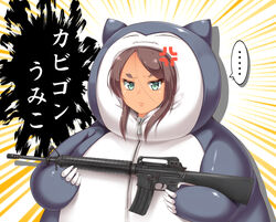  ... ahagon_umiko anger_vein angry aqua_eyes assault_rifle brown_hair chanpu closed_mouth commentary_request cosplay dark_skin female forehead frown gun hair_between_eyes holding holding_gun holding_weapon looking_to_the_side m16 m16a4 new_game! parted_bangs pokemon pun raised_eyebrows rifle shiny_skin sidelocks simple_background snorlax snorlax_(cosplay) spoken_ellipsis thick_eyebrows translated two-tone_background upper_body weapon white_background yellow_background zipper zipper_pull_tab 