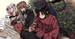  2boys ahoge animal animal_ears animal_on_head belt black_hair braid brown_hair canine cat_ears city_guard_(infukun) commentary_request day dog_ears eating feline freckles grey_hair long_sleeves mia0309 multiple_boys mushroom on_head outdoors photoshop_(medium) pixiv_fantasia pixiv_fantasia_last_saga red_eyes red_footwear red_legwear sitting skewer yellow_eyes 