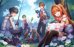  3boys ahoge ao_no_kiseki belt black_eyes black_gloves black_hair black_legwear book brown_eyes brown_gloves brown_hair campfire celine_(sen_no_kiseki) choker closed_eyes cloud cloudy_sky coat commentary_request cooking crossed_arms day eiyuu_densetsu estelle_bright feline female feng_you fingerless_gloves firewood fish fishing_rod flower full_body gloves green_hair grilling halo highres jacket jewelry kevin_graham lloyd_bannings long_hair long_sleeves looking_at_viewer looking_back mishy multiple_boys necklace onion open_mouth orange_eyes outdoors pants parted_bangs photoshop_(medium) rean_schwarzer sen_no_kiseki shirt short_hair single_glove sitting sky smile sora_no_kiseki sparkling_eyes spiked_hair standing thighhighs tree twintails zero_no_kiseki zettai_ryouiki 