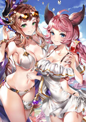  2girls ahoge animal_ears bad_id bad_pixiv_id bare_shoulders bikini bikini_under_clothes black_bikini blue_eyes blue_sky blush braid breasts brown_eyes brown_hair cleavage closed_mouth collarbone commentary_request cowboy_shot cup day erune eyeshadow eyewear_on_head granblue_fantasy groin hair_ornament hairband head_wings highres hinakisara holding holding_cup large_breasts long_hair looking_at_viewer makeup multiple_girls navel official_alternate_costume open_mouth outdoors parted_lips pink_hair sky smile sunglasses swimsuit tien_(granblue_fantasy) tien_(twins_on_vacation)_(granblue_fantasy) tinted_eyewear tweyen_(eternal&#039;s_summer_vacation)_(granblue_fantasy) tweyen_(granblue_fantasy) twin_braids very_long_hair white_bikini wings 