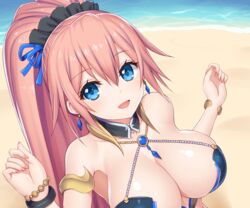  aqua_eyes asamura_hiori beach bikini breasts brown_hair cleavage close cropped idola_phantasy_star_saga long_hair phantasy_star ponytail stella_(idola_phantasy_star_saga) swimsuit water wristwear 