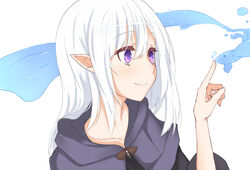  bad_id bad_pixiv_id collarbone commentary_request elf female fish hair_between_eyes hydrokinesis index_finger_raised long_hair original pointy_ears purple_eyes robe simple_background smile solo suu2510 upper_body water white_background white_hair 