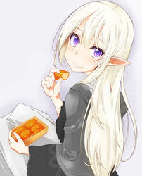  bad_id bad_pixiv_id bento black_shirt blush closed_mouth commentary_request eating elf female food food_on_face fringe_trim grey_background hair_between_eyes head_tilt highres long_hair long_skirt long_sleeves looking_at_viewer looking_back mechanical_pencil original pencil pointy_ears purple_eyes robe shirt skirt solo suu2510 wavy_mouth white_hair white_skirt 