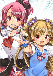  2girls adapted_costume alternate_costume american_flag american_flag_print between_fingers blonde_hair blue_nails bouncing_breasts bow bowtie breasts candy chikado clothes_around_waist clownpiece collar collarbone collared_shirt commentary_request cosplay dress_shirt earrings earth_(ornament) emphasis_lines eyelashes fake_nails flag_print food grin gyaru hair_ornament hair_scrunchie hairbow hecatia_lapislazuli holding idolmaster idolmaster_cinderella_girls jewelry jougasaki_mika jougasaki_mika_(cosplay) jougasaki_rika jougasaki_rika_(cosplay) kogal large_breasts lollipop long_hair looking_at_viewer moon_(ornament) multicolored_clothes multicolored_skirt multiple_girls nail_polish no_wings oerba_yun_fang open_mouth polka_dot polka_dot_bow print_bow print_scrunchie red_eyes red_hair red_skirt school_uniform scrunchie shirt siblings sisters skirt smile star_(symbol) star_earrings star_print striped swept_bangs teeth touhou two_side_up v very_long_hair vest white_background white_shirt wing_collar wrist_scrunchie 