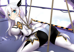  ass blue_eyes blush bodysuit bondage bondage bound breasts cecilia_schariac commentary cosplay english_commentary female hair_between_eyes hair_ornament honkai_(series) honkai_impact_3rd kiana_kaslana kiana_kaslana_(white_comet) kiana_kaslana_(white_comet)_(cosplay) large_breasts long_hair looking_at_viewer sheita sideboob solo sweatdrop white_hair 