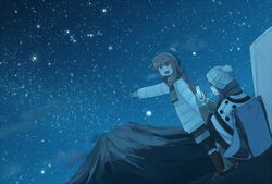  2girls bad_id bad_pixiv_id beanie blue_theme boots cellphone chair coat constellation dark dutch_angle happy hat highres hinami047 kagamihara_nadeshiko long_hair looking_back monochrome mountain multiple_girls night night_sky orion_(constellation) pantyhose phone pointing procyon_(star) scarf shima_rin shorts sirius_(star) sky smartphone smile star_(sky) stargazing starry_sky tent winter winter_clothes winter_coat yurucamp 