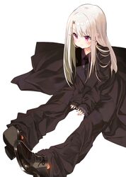  :t black_footwear black_jacket black_necktie black_pants blush closed_mouth collarbone collared_shirt commentary_request cosplay emiya_kiritsugu emiya_kiritsugu_(cosplay) fate/kaleid_liner_prisma_illya fate_(series) female fingernails formal grey_shirt hair_between_eyes highres illyasviel_von_einzbern jacket long_sleeves looking_away miruto_netsuki necktie oversized_clothes pants pout purple_eyes shirt shoe_soles shoes simple_background sleeves_past_wrists solo suit tears wavy_mouth white_background white_hair 