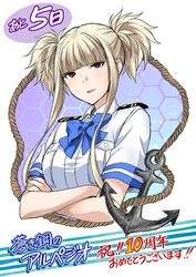  anchor anniversary aoki_hagane_no_arpeggio blonde_hair blue_neckwear commentary_request countdown crossed_arms female highres honeycomb_(pattern) honeycomb_background itsuki_sayaka kongou_(aoki_hagane_no_arpeggio) military military_uniform naval_uniform red_eyes rope short_hair short_hair_with_long_locks short_twintails sidelocks solo translation_request twintails uniform upper_body 