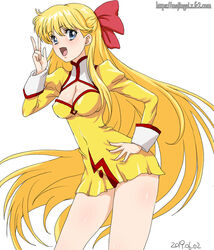  agent_aika aika_(series) aino_minako arm_up bad_id bad_pixiv_id bishoujo_senshi_sailor_moon blonde_hair blue_eyes bow breasts cleavage cleavage_cutout clothing_cutout commentary_request cosplay covered_navel covered_nipples cowboy_shot crossover dated delmogeny_uniform dress earrings female ginko_(silver_fox) golden_delmo hairbow hand_on_own_hip jewelry juliet_sleeves long_hair long_sleeves looking_at_viewer medium_breasts open_mouth puffy_sleeves red_bow solo stud_earrings uniform v watermark web_address yellow_dress 