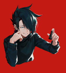  1boy 8c bishop_(chess) black_eyes black_hair black_sweater black_theme chess_piece commentary cropped_torso grin hair_over_one_eye holding long_sleeves male_focus photoshop_(medium) ray_(yakusoku_no_neverland) red_background red_theme simple_background smile solo sweater upper_body yakusoku_no_neverland 