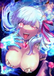  akanbe breasts cleavage commentary_request eyelid_pull fate/grand_order fate_(series) female glowing glowing_hand grey_hair hair_ribbon highres jewelry kama_(fate) kama_(third_ascension)_(fate) long_hair mxyamyam pink_eyes ribbon solo tongue tongue_out 