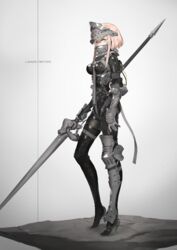  armor armored_boots black_thighhighs bodysuit boots breasts commentary falslander female from_side full_body gauntlets gorget grey_background headgear high_heel_boots high_heels highres holding holding_polearm holding_weapon iris_(neco) lance lanze_reiter_(neco) looking_at_viewer neco pink_hair polearm science_fiction short_hair short_hair_with_long_locks sidelocks simple_background single_thighhigh solo standing thighhighs visor_(armor) weapon 