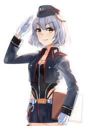  absurdres backlighting belt belt_buckle blue_hat blue_jacket blue_skirt breasts brown_eyes buckle chains chinese_commentary cleavage collared_jacket commentary_request cropped_jacket eossim female garrison_cap girls&#039;_frontline gloves gold_chain hat highleg highleg_leotard highleg_panties highres holding holding_notebook jacket leotard light_particles light_purple_hair lips looking_at_viewer medium_hair military_jacket notebook open_clothes open_jacket p08_(girls&#039;_frontline) panties pouch salute skirt smile solo thigh_pouch underwear white_gloves 