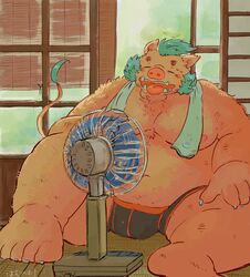  2019 anthro belly biped blush buta5kawa closed_eyes clothing detailed_background ganglie_(tas) hamuga86 hi_res humanoid_hands lifewonders male mammal moobs nipples overweight overweight_anthro overweight_male sitting solo suid suina sus_(pig) tokyo_afterschool_summoners towel underwear wild_boar 