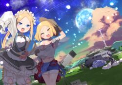  2boys 6+girls abigail_williams_(fate) abigail_williams_(festival_outfit)_(fate) altera_(fate) american_flag arm_up atalanta_(fate) bare_shoulders blonde_hair bloomers blue_eyes blue_sky blush breasts collarbone commentary_request dress fate/apocrypha fate/extella fate/extra fate/grand_order fate_(series) forehead fujimaru_ritsuka_(male) hessian_(fate) highres holding holding_stuffed_toy jack_the_ripper_(fate/apocrypha) katsushika_hokusai_(fate) leonardo_da_vinci_(fate) leonardo_da_vinci_(rider)_(fate) lobo_(fate) long_hair long_sleeves looking_at_viewer maid_headdress mash_kyrielight moon multiple_boys multiple_girls navel nomeazog nursery_rhyme_(fate) official_alternate_costume open_mouth outdoors overalls parted_bangs paul_bunyan_(fate) riyo_servant_(bunnygirl)_(fate) sheep shirt short_hair sky sleeves_past_fingers sleeves_past_wrists small_breasts smile stuffed_animal stuffed_toy teddy_bear telescope thighs underwear white_bloomers white_dress white_shirt wolf yellow_eyes 