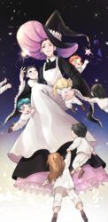  3boys 4girls :d aged_down apron aqua_hair black_hair blonde_hair brown_footwear brown_hair commentary_request conny_(yakusoku_no_neverland) emma_(yakusoku_no_neverland) gradient_background green_eyes hat highres holding holding_wand isabella_(yakusoku_no_neverland) lolicon multiple_boys multiple_girls nawooteto open_mouth orange_hair outstretched_arms pink_eyes short_twintails smile star_(symbol) twintails wand wide_sleeves witch_hat yakusoku_no_neverland 