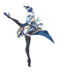  absurdres arm_up ballet black_gloves black_hairband blue_cape blue_hair blue_necktie boots breasts cape clothing_cutout dancing en_pointe eula_(genshin_impact) female genshin_impact gloves hair_between_eyes hair_ornament hairband hand_up high-waist_shorts high_heel_boots high_heels highres large_breasts leg_lift long_sleeves medium_hair muyi necktie open_mouth shorts shoulder_cutout simple_background solo standing standing_on_one_leg thigh_boots two-tone_gloves vision_(genshin_impact) white_background white_sleeves wide_sleeves 