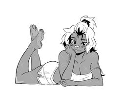  bandaid bandaid_on_face bandaid_on_nose bangs_pinned_back barefoot beck_shiloh blush breasts camisole cleavage dark-skinned_female dark_skin dolphin_shorts feet feet_up female full_body greyscale highres large_breasts legs light-skinned_soles looking_at_viewer lying monochrome multicolored_hair multiple_scars nose_blush on_stomach original rumble_after_dark scar scar_on_leg scars_all_over short_hair short_ponytail shorts soles solo spaghetti_strap spicymancer strap_slip the_pose toes too_many two-tone_hair 